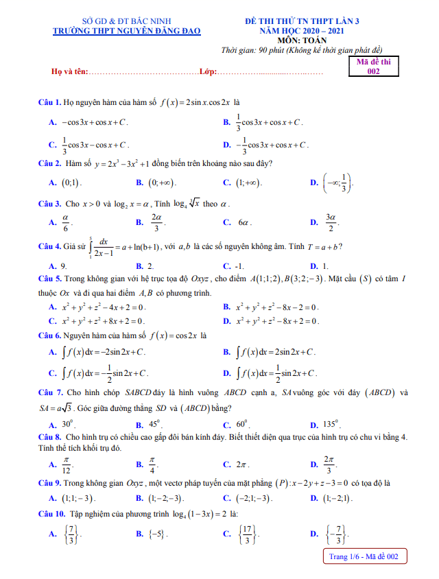 đề thi thử tn thpt 2021 môn toán lần 3 trường nguyễn đăng đạo – bắc ninh