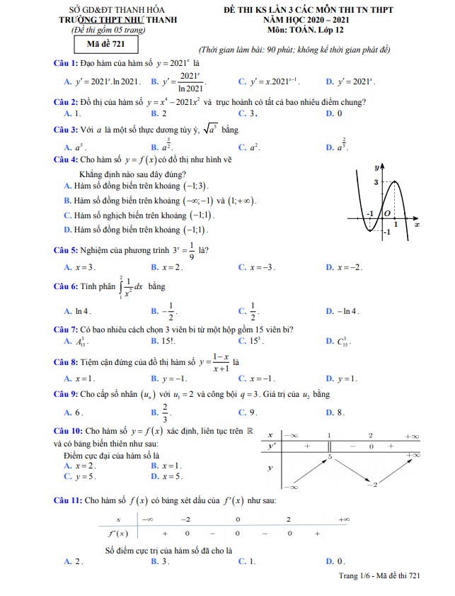 đề thi thử tn thpt 2021 môn toán trường thpt như thanh – thanh hóa