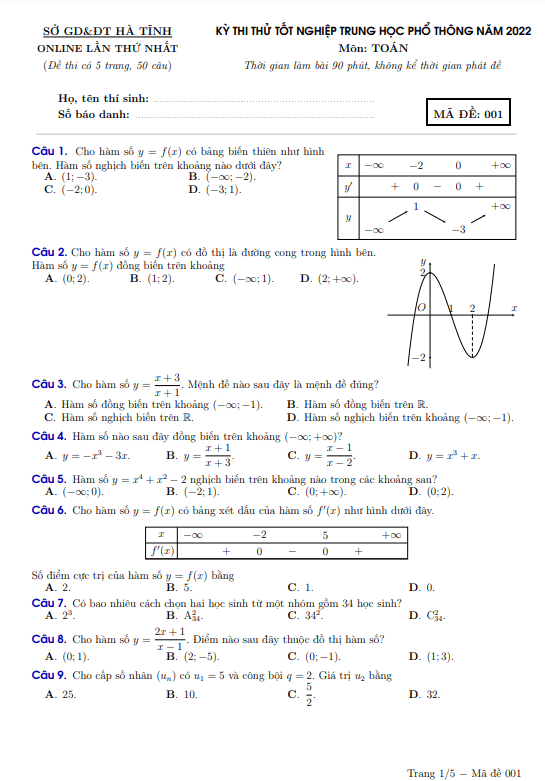 đề thi thử tn thpt 2022 – 2023 môn toán sở gd&đt hà tĩnh (online lần 1)