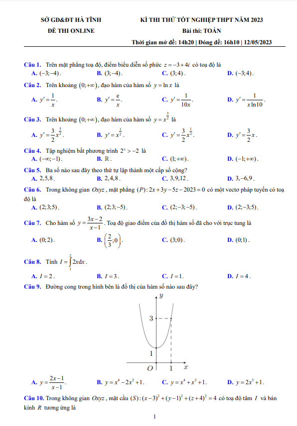 đề thi thử tn thpt 2022 – 2023 môn toán sở gd&đt hà tĩnh (online lần 2)
