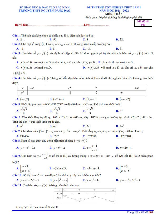 đề thi thử tn thpt 2022 môn toán lần 1 trường nguyễn đăng đạo – bắc ninh