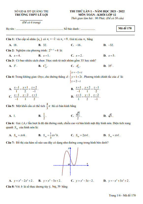 đề thi thử tn thpt 2022 môn toán lần 1 trường thpt lê lợi – quảng trị