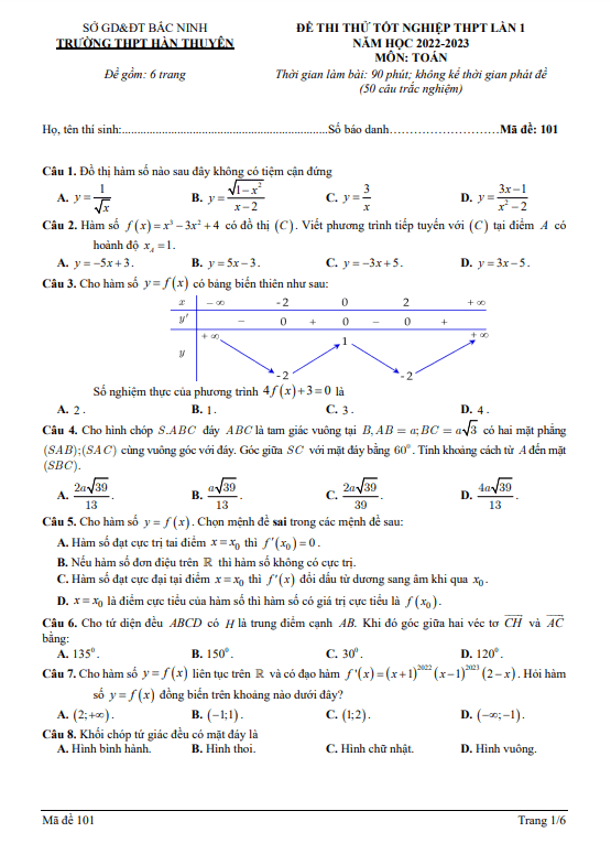 đề thi thử tn thpt 2023 lần 1 môn toán trường thpt hàn thuyên – bắc ninh