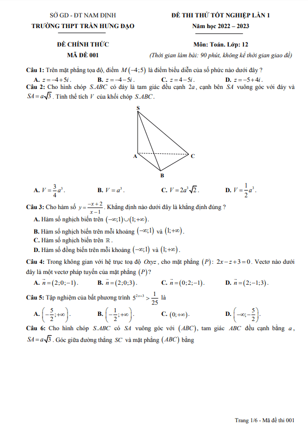 đề thi thử tn thpt 2023 lần 1 môn toán trường thpt trần hưng đạo – nam định