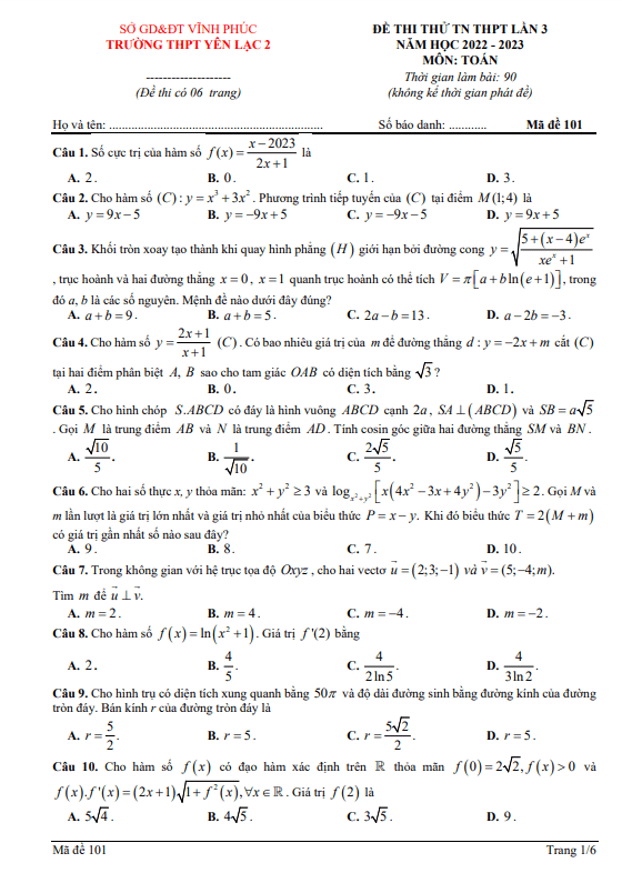 đề thi thử tn thpt 2023 lần 3 môn toán trường thpt yên lạc 2 – vĩnh phúc