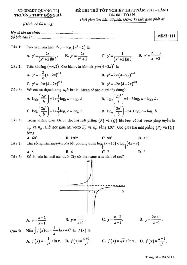 đề thi thử tn thpt 2023 môn toán lần 1 trường thpt đông hà – quảng trị