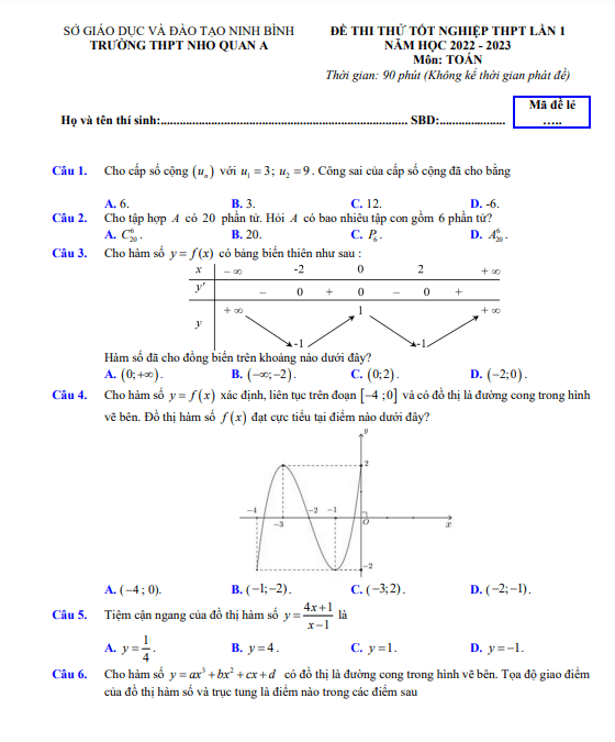 đề thi thử tn thpt 2023 môn toán lần 1 trường thpt nho quan a – ninh bình