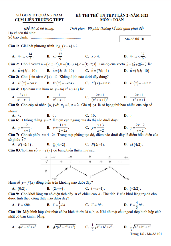 đề thi thử tn thpt 2023 môn toán lần 2 cụm liên trường thpt – quảng nam