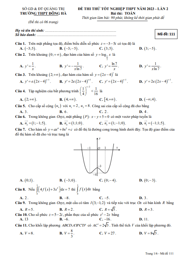 đề thi thử tn thpt 2023 môn toán lần 2 trường thpt đông hà – quảng trị