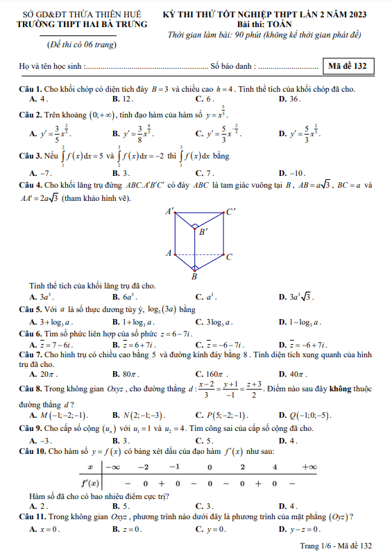 đề thi thử tn thpt 2023 môn toán lần 2 trường thpt hai bà trưng – tt huế