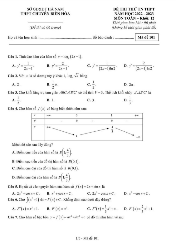 đề thi thử tn thpt 2023 môn toán trường chuyên biên hòa – hà nam