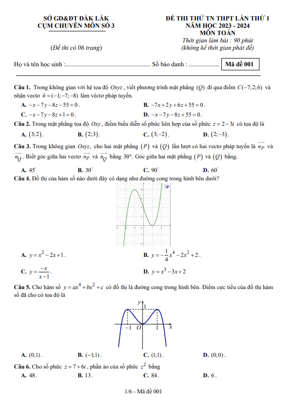 đề thi thử tn thpt 2024 lần 1 môn toán cụm chuyên môn số 3 – đắk lắk