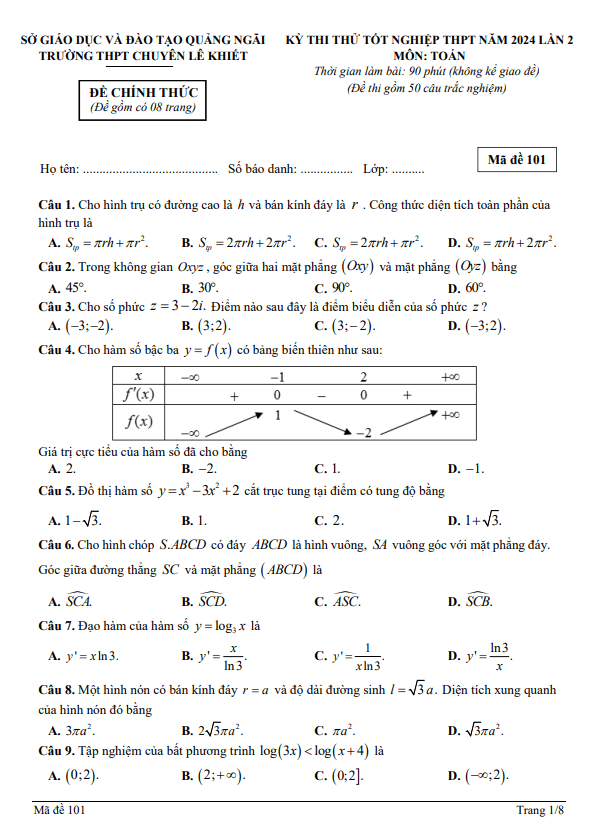 đề thi thử tn thpt 2024 lần 2 môn toán trường chuyên lê khiết – quảng ngãi
