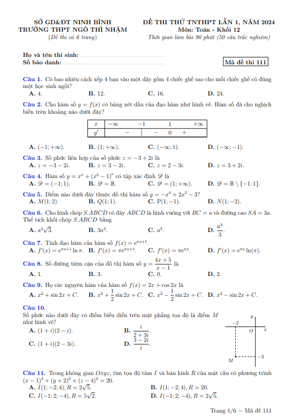 đề thi thử tn thpt 2024 môn toán lần 1 trường thpt ngô thì nhậm – ninh bình