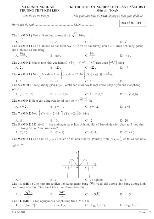 đề thi thử tn thpt 2024 môn toán lần 4 trường thpt kim liên – nghệ an
