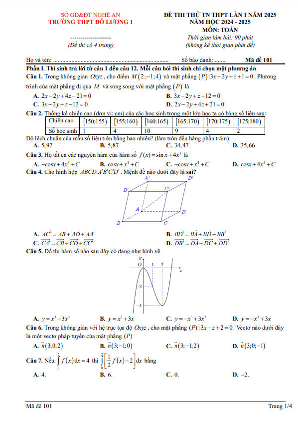 đề thi thử tn thpt 2025 lần 1 môn toán trường thpt đô lương 1 – nghệ an