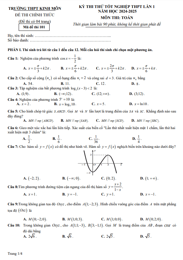 đề thi thử tn thpt 2025 lần 1 môn toán trường thpt kinh môn – hải dương