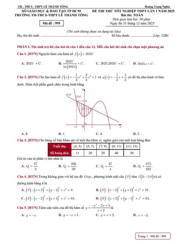 đề thi thử tn thpt 2026 lần 1 môn toán trường lê thánh tông – tp hcm