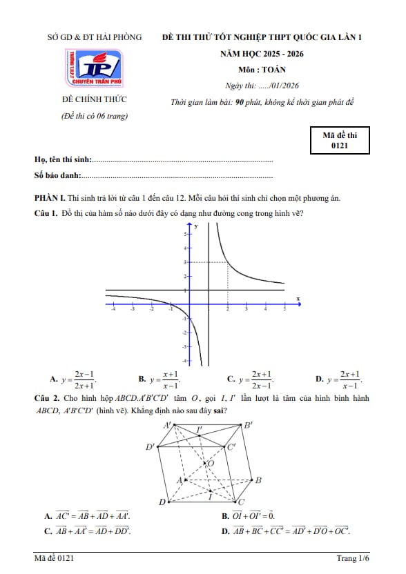 đề thi thử tn thpt 2026 lần 1 môn toán trường thpt chuyên trần phú – hải phòng