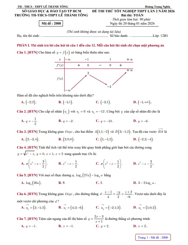 đề thi thử tn thpt 2026 lần 2 môn toán trường lê thánh tông – tp hcm