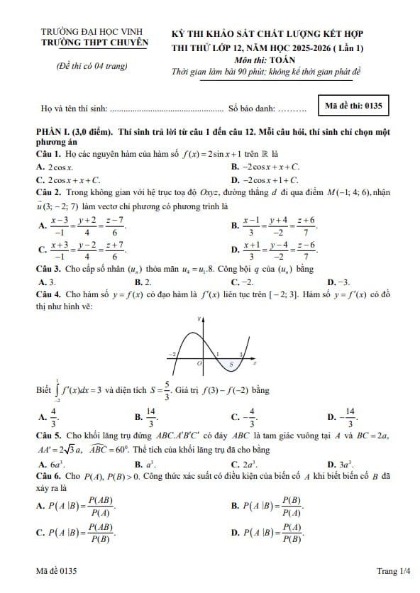 đề thi thử tn thpt 2026 môn toán lần 1 trường chuyên đh vinh – nghệ an