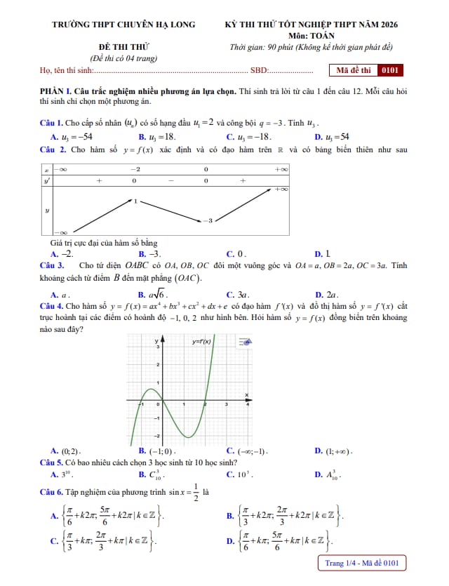 đề thi thử tn thpt 2026 môn toán trường thpt chuyên hạ long – quảng ninh