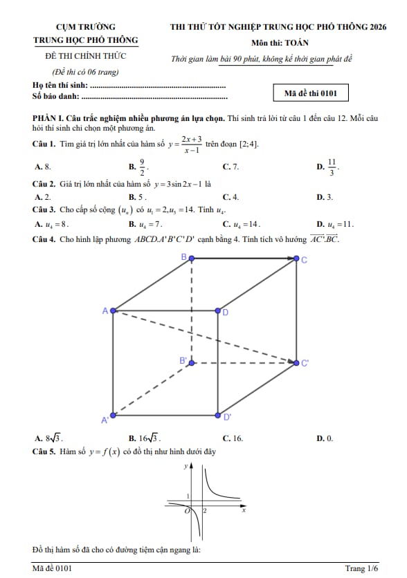 đề thi thử tn thpt 2026 môn toán trường thpt chuyên phan bội châu – nghệ an