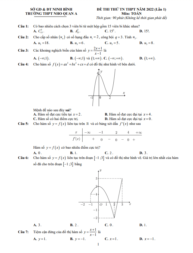 đề thi thử tn thpt năm 2022 môn toán lần 1 trường thpt nho quan a – ninh bình