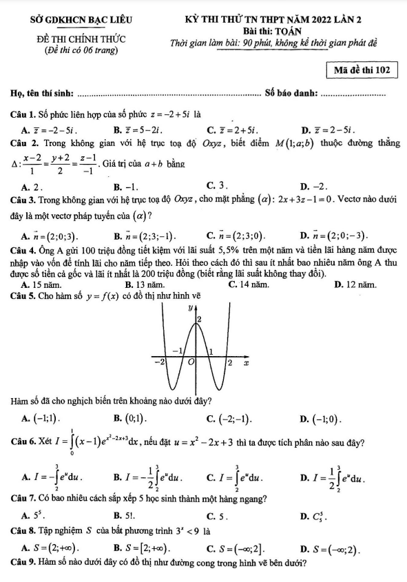 đề thi thử tn thpt năm 2022 môn toán lần 2 sở gdkhcn bạc liêu