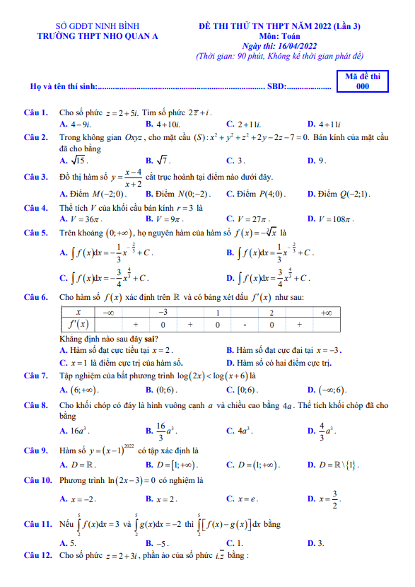 đề thi thử tn thpt năm 2022 môn toán lần 3 trường thpt nho quan a – ninh bình