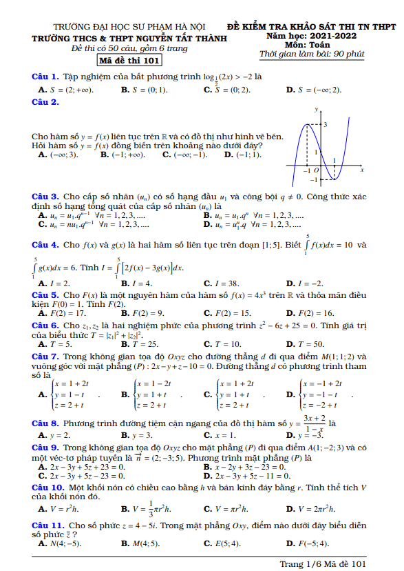 đề thi thử tn thpt năm 2022 môn toán trường nguyễn tất thành – hà nội