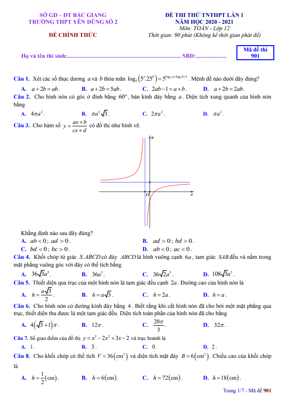đề thi thử tnthpt 2021 môn toán lần 1 trường thpt yên dũng 2 – bắc giang