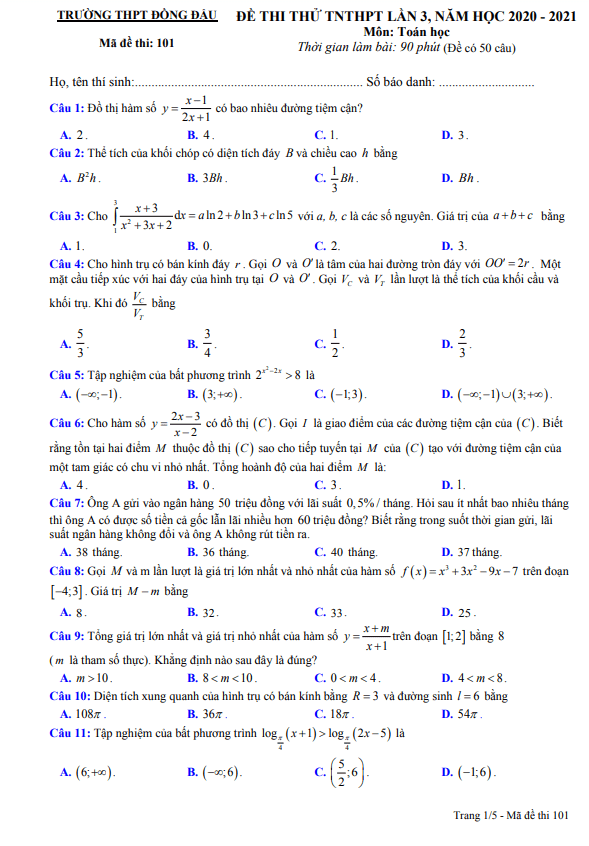 đề thi thử tnthpt 2021 môn toán lần 3 trường thpt đồng đậu – vĩnh phúc