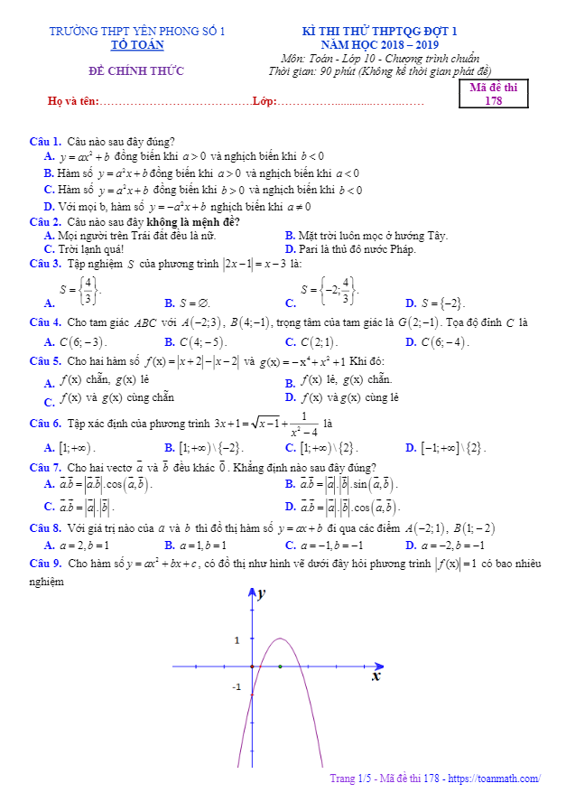 đề thi thử toán 10 thptqg 2019 trường thpt yên phong 1 – bắc ninh lần 1