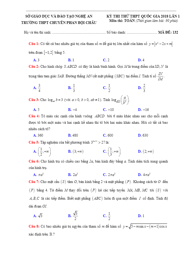 đề thi thử toán 2018 thpt quốc gia trường thpt chuyên phan bội châu – nghệ an