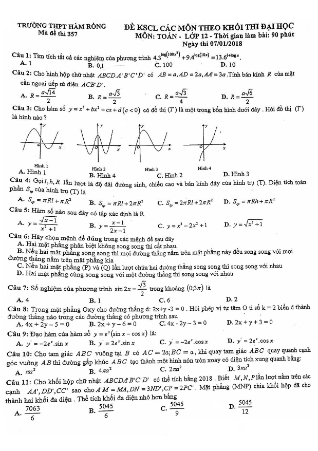 đề thi thử toán 2018 thpt quốc gia trường thpt hàm rồng – thanh hóa
