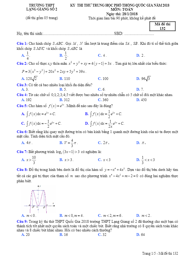 đề thi thử toán 2018 thpt quốc gia trường thpt lạng giang – bắc giang