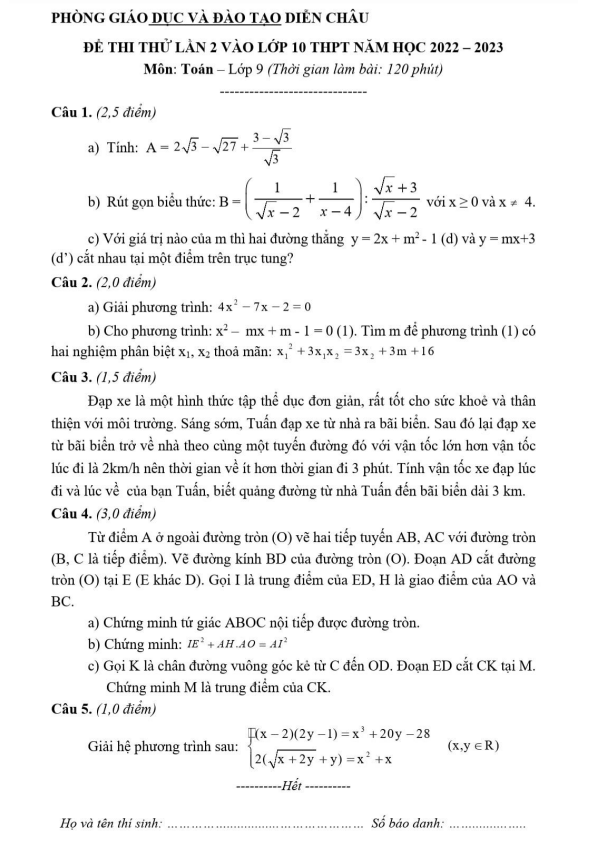 đề thi thử toán lần 2 vào lớp 10 năm 2022 – 2023 phòng gd&đt diễn châu – nghệ an