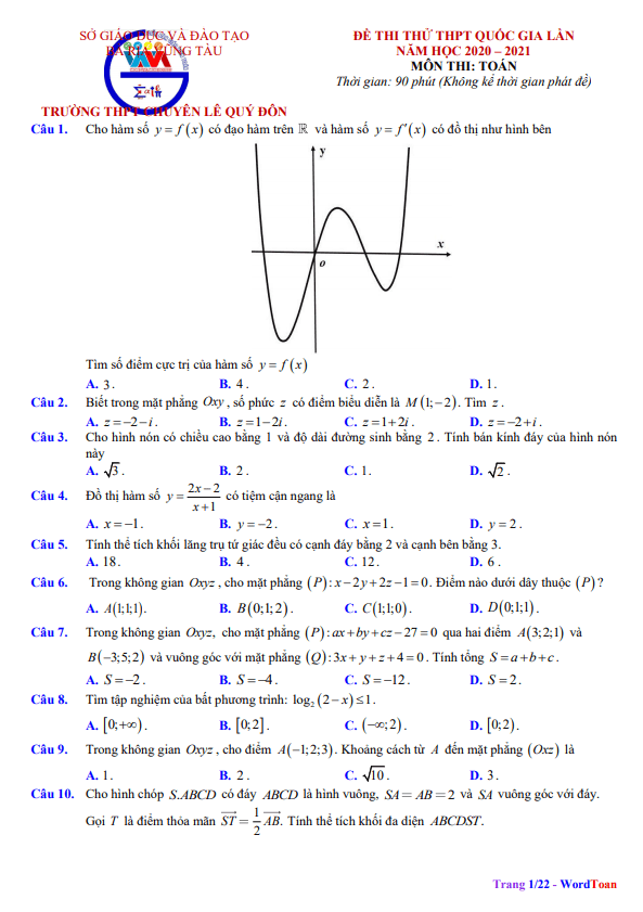 đề thi thử toán thpt 2021 trường chuyên lê quý đôn – bà rịa – vũng tàu