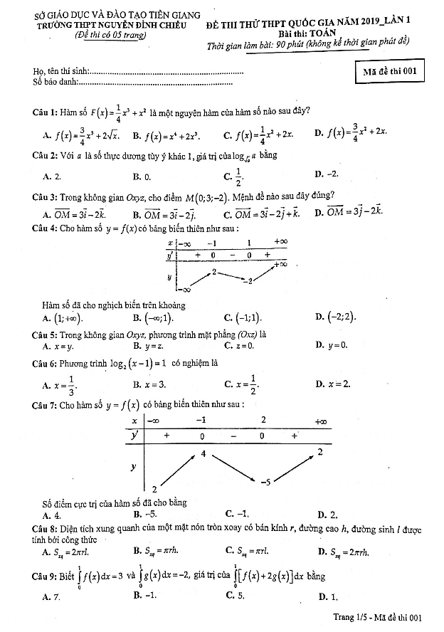 đề thi thử toán thpt qg 2019 lần 1 trường nguyễn đình chiểu – tiền giang