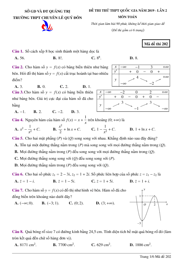 đề thi thử toán thpt qg 2019 lần 2 trường chuyên lê quý đôn – quảng trị