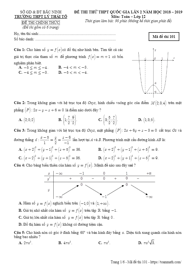 đề thi thử toán thpt qg 2019 lần 2 trường lý thái tổ – bắc ninh