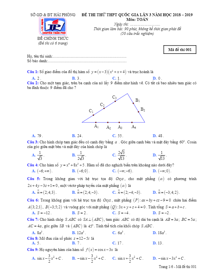 đề thi thử toán thpt qg 2019 lần 3 trường chuyên trần phú – hải phòng