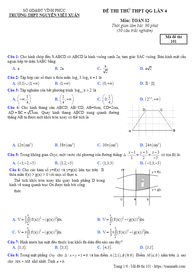 đề thi thử toán thpt qg 2019 lần 4 trường nguyễn viết xuân – vĩnh phúc