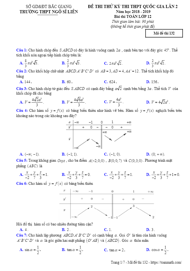 đề thi thử toán thpt qg 2019 trường ngô sĩ liên – bắc giang lần 2