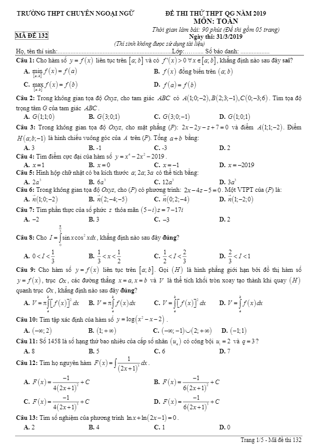 đề thi thử toán thpt qg 2019 trường thpt chuyên ngoại ngữ – hà nội