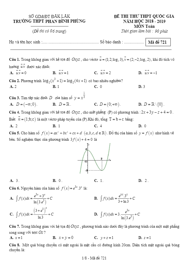 đề thi thử toán thpt qg 2019 trường thpt phan đình phùng – đăk lăk