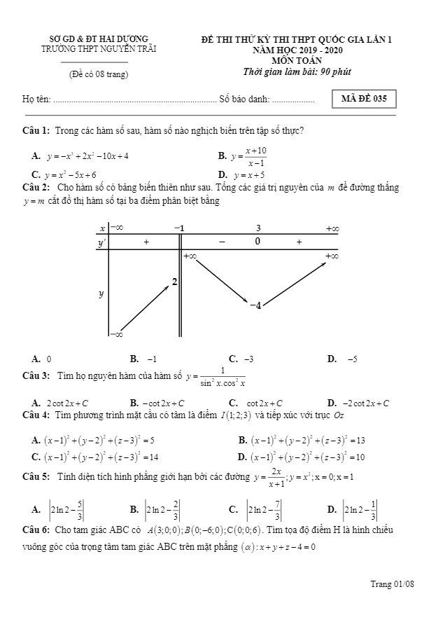 đề thi thử toán thpt qg 2020 lần 1 trường chuyên nguyễn trãi – hải dương