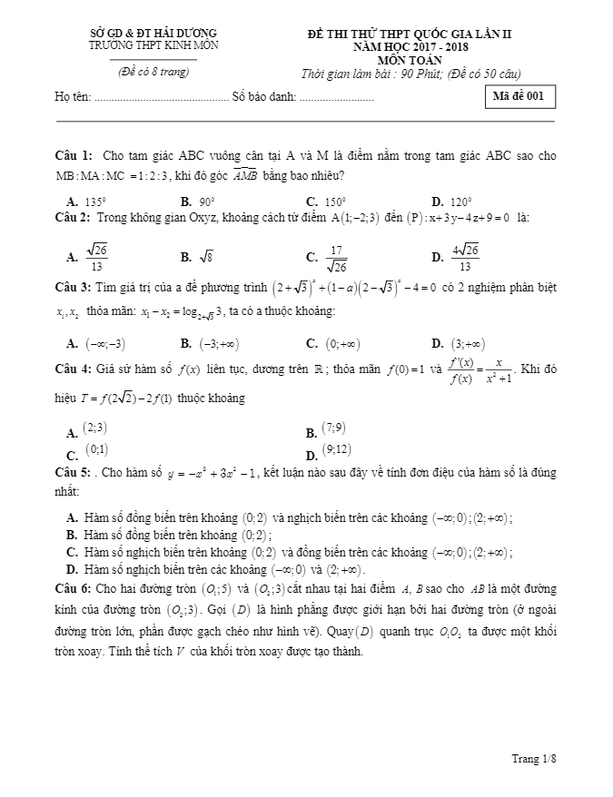 đề thi thử toán thpt quốc gia 2018 lần 2 trường thpt kinh môn – hải dương