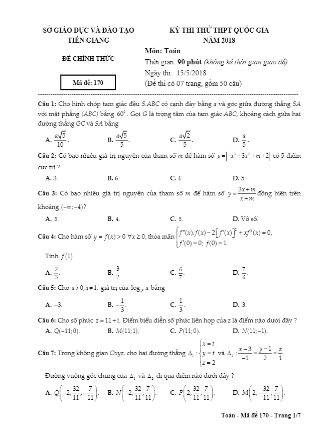 đề thi thử toán thpt quốc gia 2018 sở gd và đt tiền giang